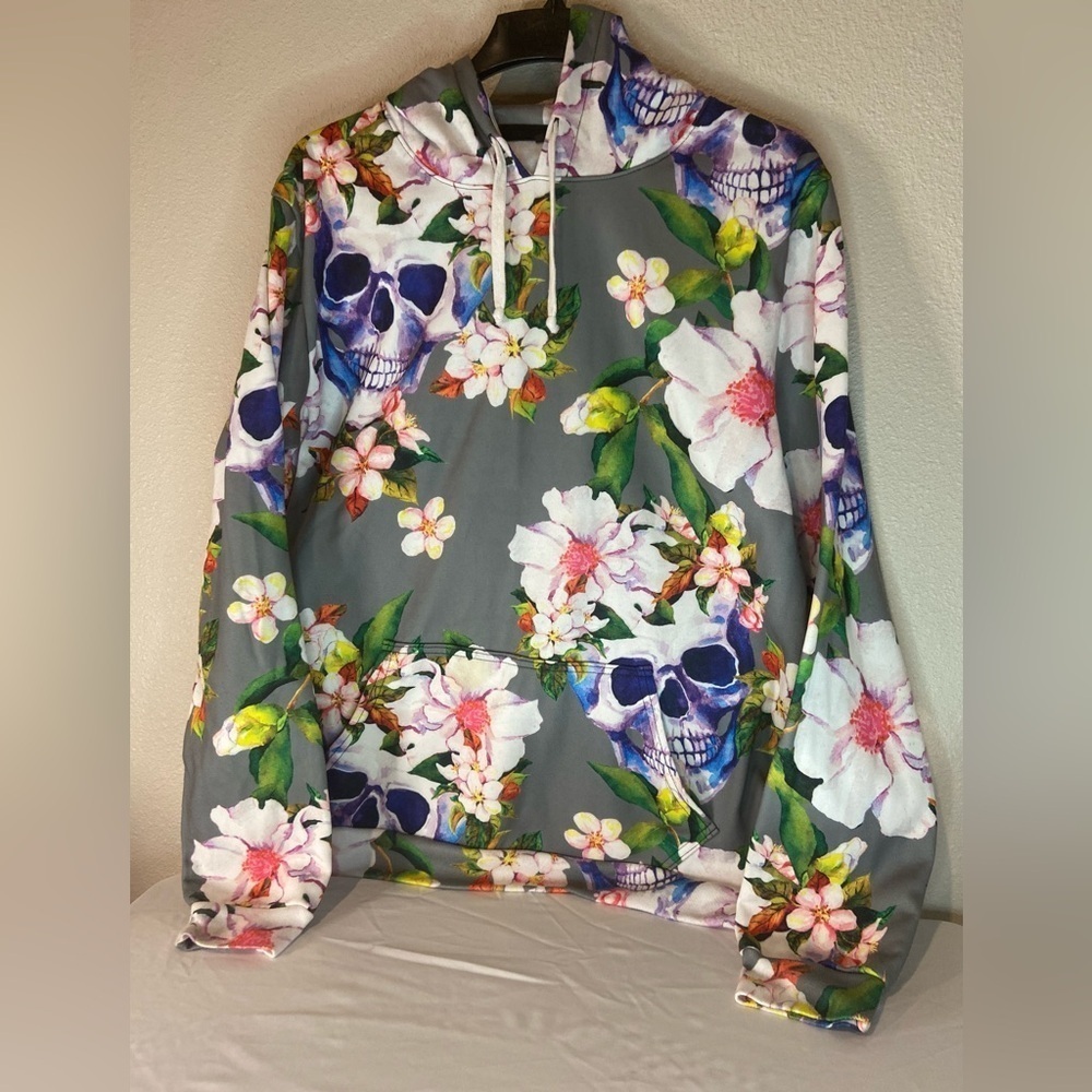 Electro Threads~Blooming Skull~Artist Drawn Print~Unisex~Pullover Hoodie~Size XL